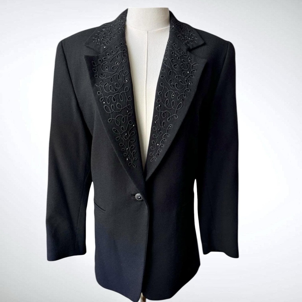 Black Wool Blazer Women 10 Beaded Evening Jacket Harlan Vintage